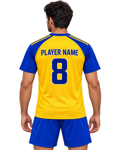 Back model view of yellow and royal-blue sports jersey with PLAYER NAME and number 8