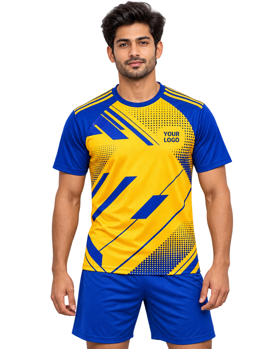 Front model view of yellow and royal-blue sports jersey with plain blue sports shorts