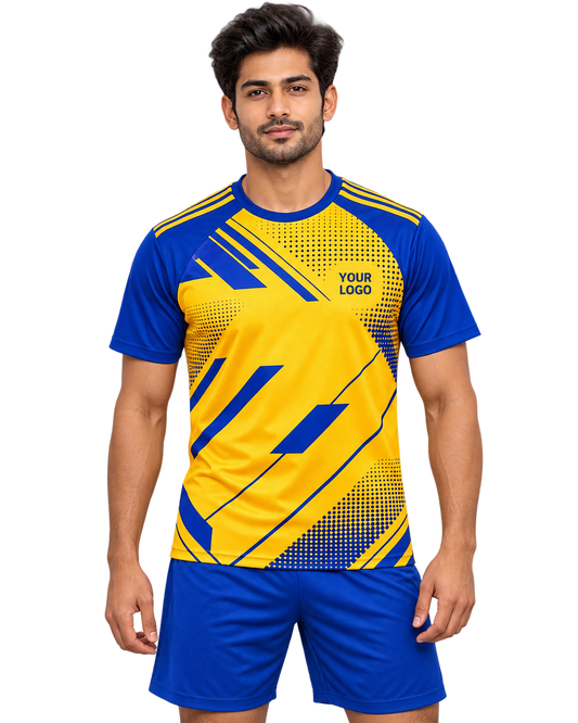 Front model view of yellow and royal-blue sports jersey with plain blue sports shorts