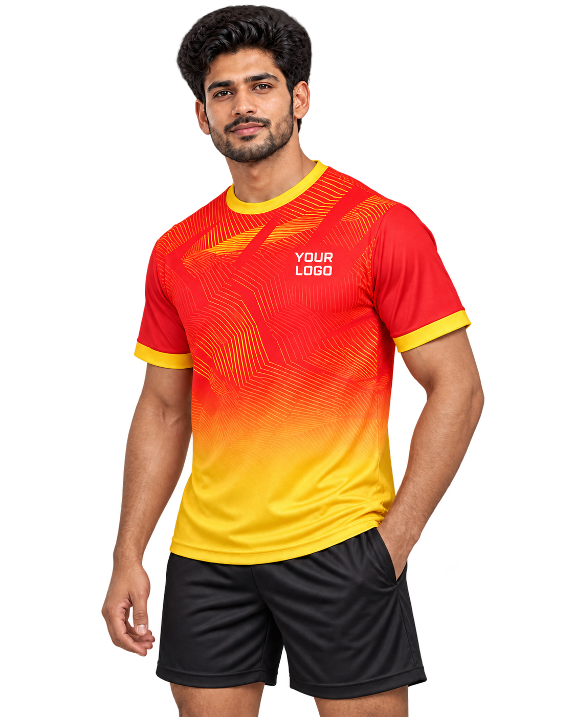 Three-quarter view of Crimson Fade jersey on model wearing plain black sports shorts
