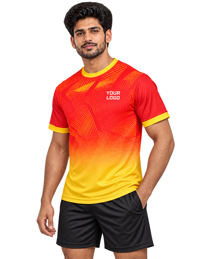 Three-quarter view of Crimson Fade jersey on model wearing plain black sports shorts