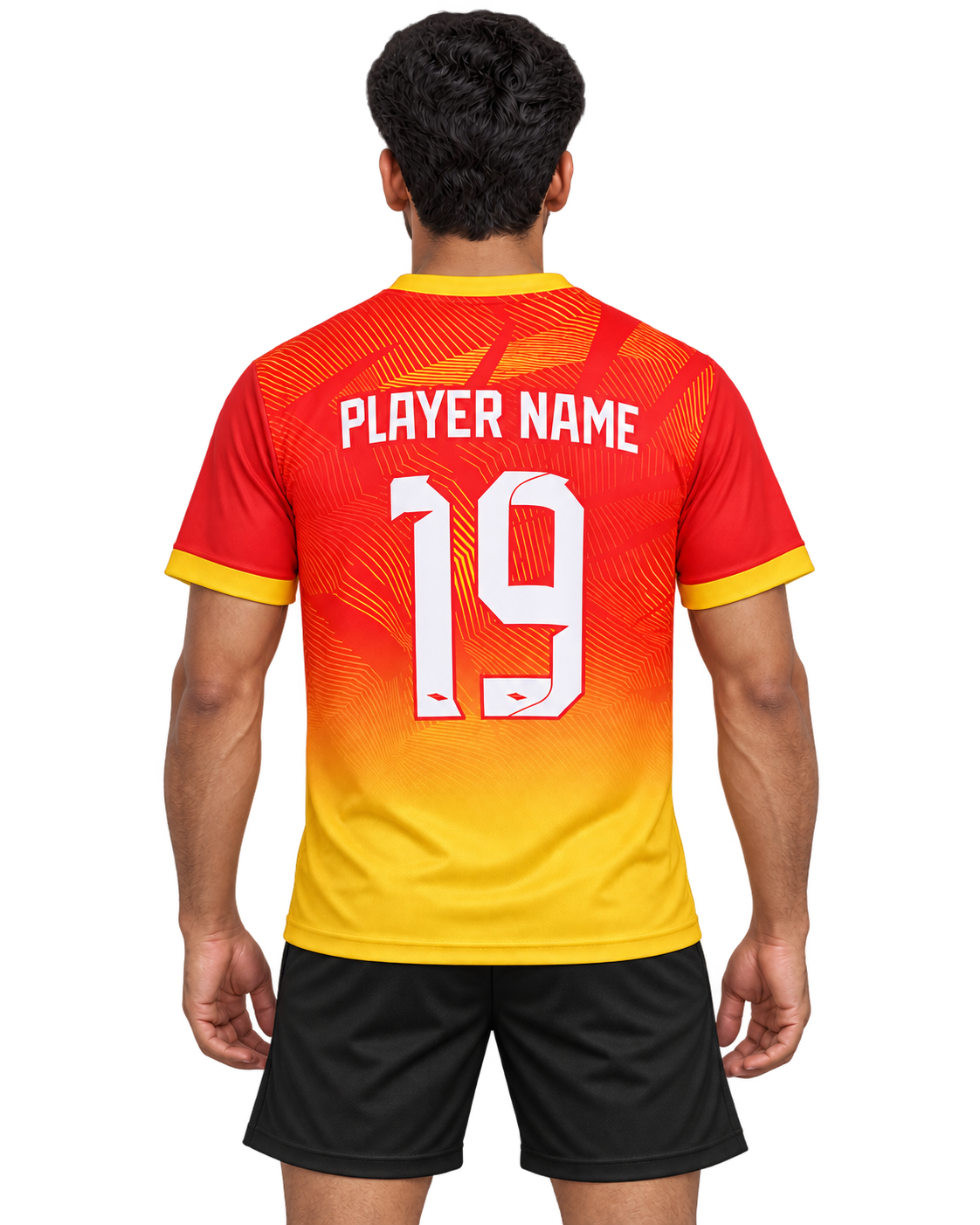 Back view of Crimson Fade jersey with PLAYER NAME 19 and plain black sports shorts
