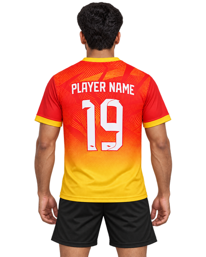 Back view of Crimson Fade jersey with PLAYER NAME 19 and plain black sports shorts