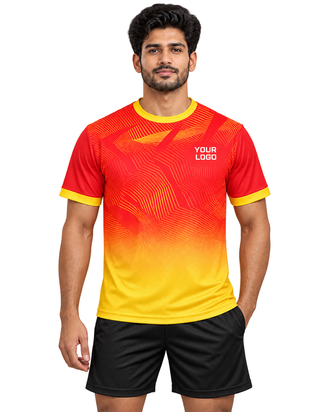 Front view of Crimson Fade jersey on model wearing plain black sports shorts