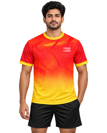 Front view of Crimson Fade jersey on model wearing plain black sports shorts