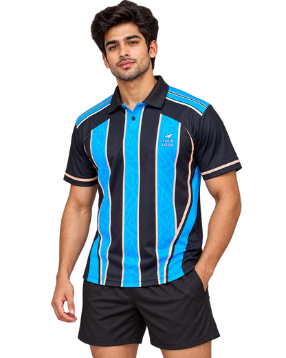Three-quarter view of collared navy cyan jersey with black collar on model in plain black sports shorts