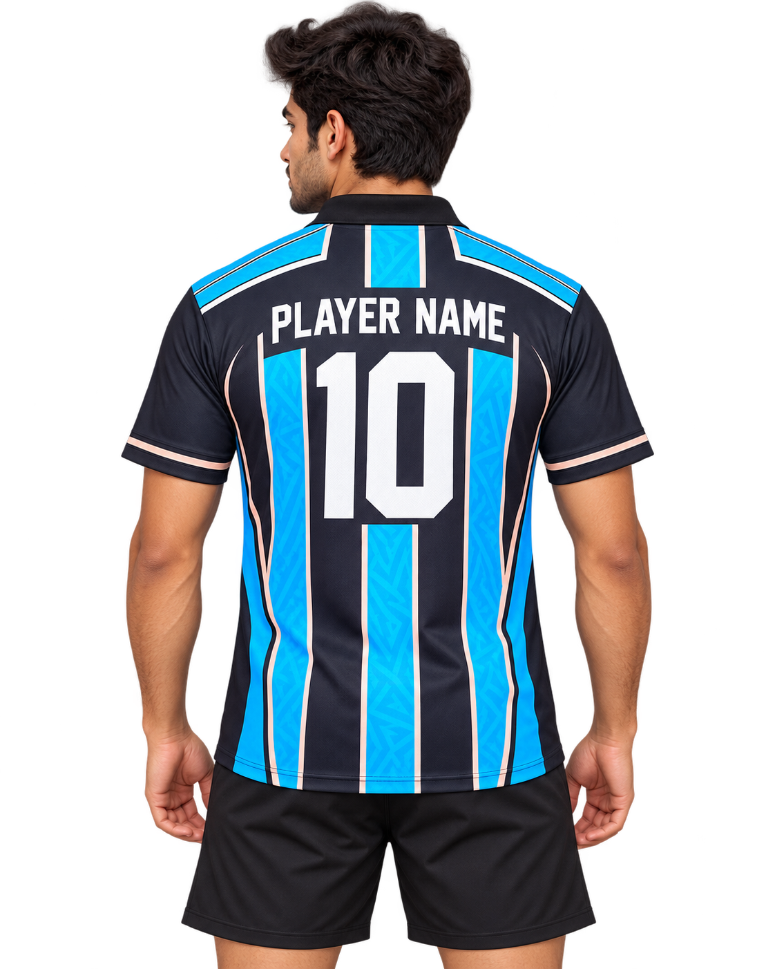 Back view of dark navy and cyan collared sports jersey with PLAYER NAME 10 and plain black shorts