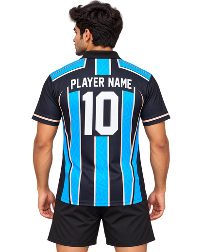 Back view of dark navy and cyan collared sports jersey with PLAYER NAME 10 and plain black shorts