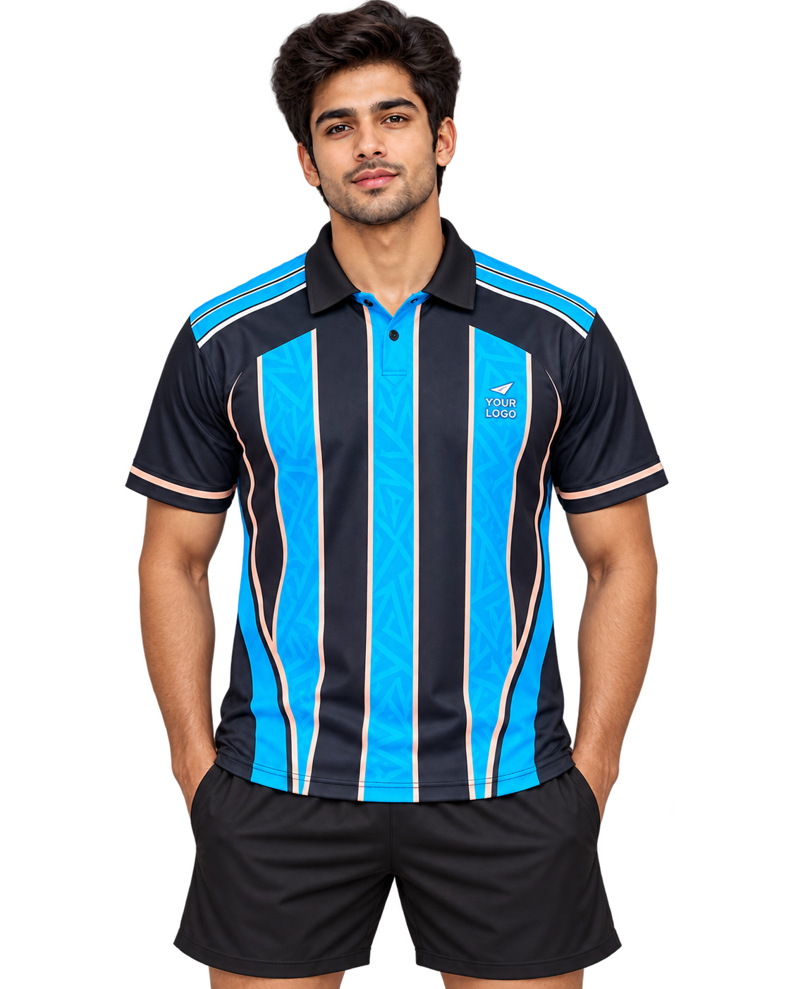Front view of dark navy and cyan collared sports jersey with black collar and plain black sports shorts