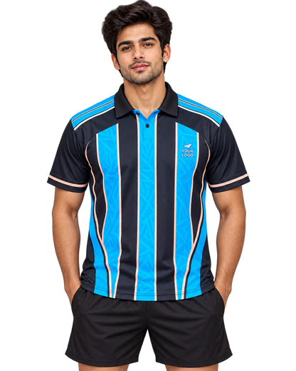 Front view of dark navy and cyan collared sports jersey with black collar and plain black sports shorts