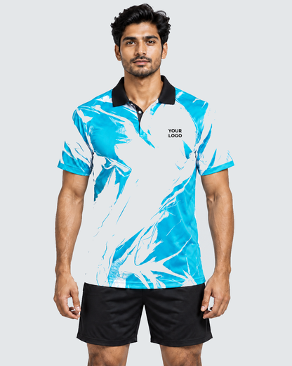 Front view of Aqua Brushstroke sports jersey with black collar, YOUR LOGO placeholder, plain black sports shorts, uniform #E4E7E9 background