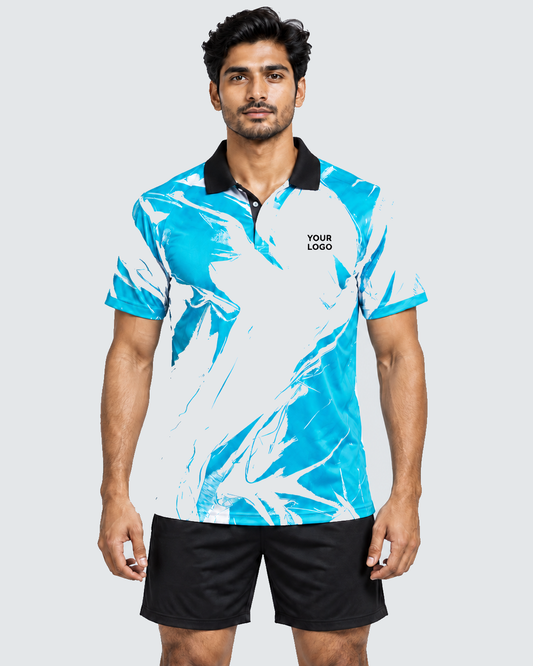 Front view of Aqua Brushstroke sports jersey with black collar, YOUR LOGO placeholder, plain black sports shorts, uniform #E4E7E9 background