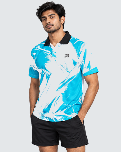 Three-quarter view of Aqua Brushstroke sports jersey with black collar, plain black sports shorts, uniform #E4E7E9 background