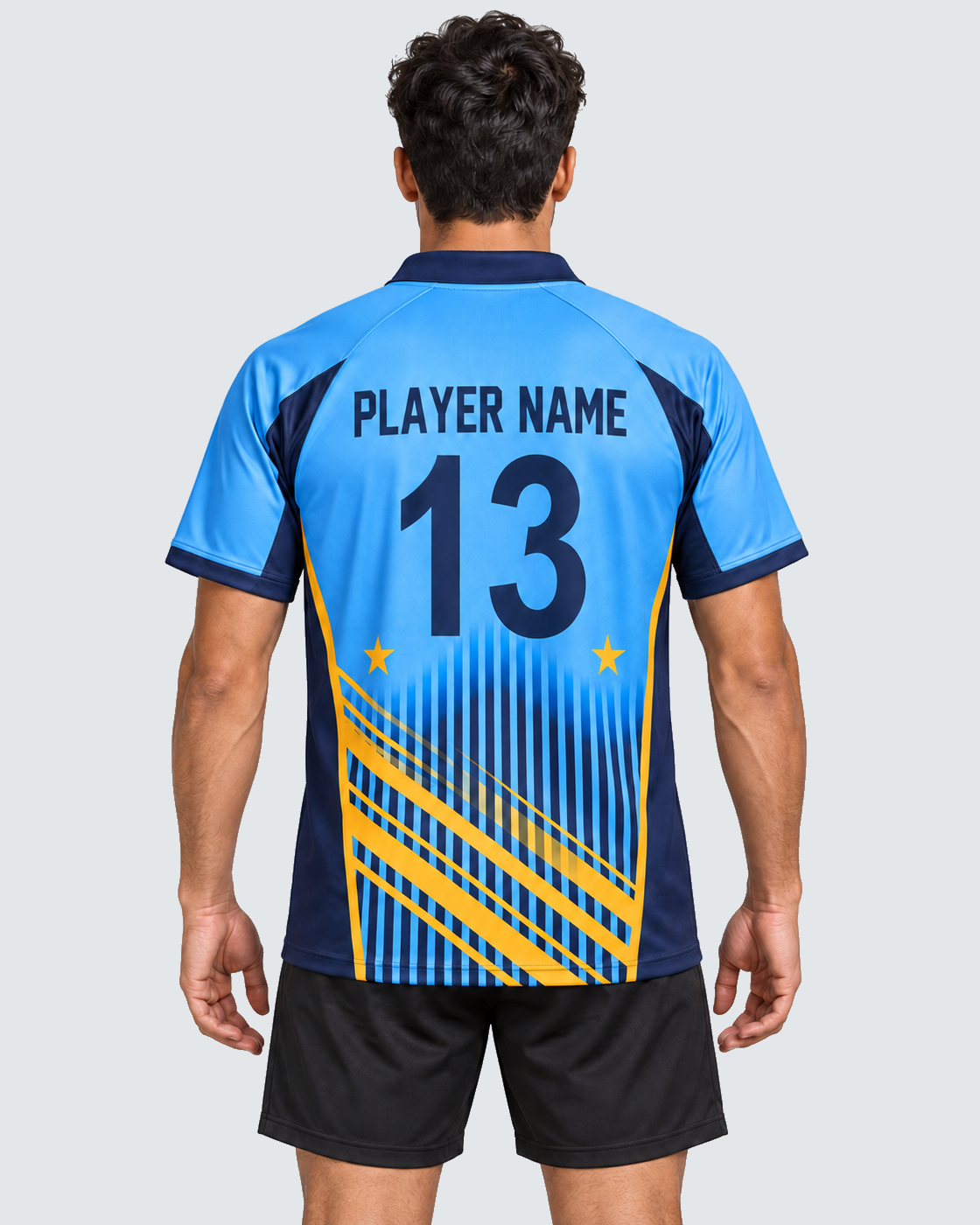 Back model view, flat #E4E7E9 background, exact 4:5 crop, black sports shorts