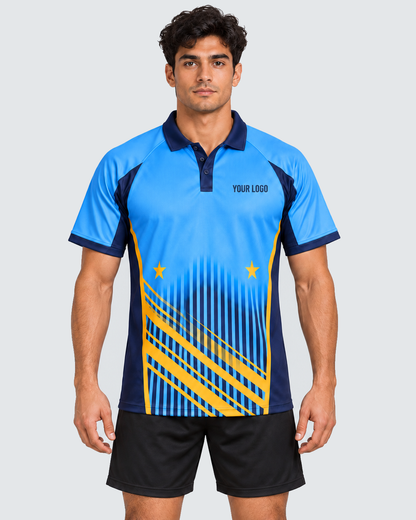 Front model view, flat #E4E7E9 background, exact 4:5 crop, black sports shorts