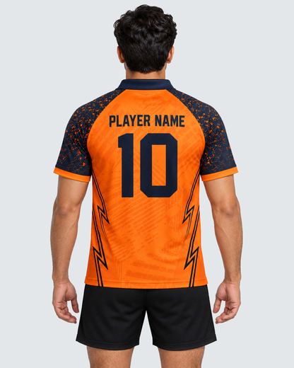 Back model view, orange/navy custom zip-neck sports jersey, exact 4:5, #E4E7E9 background, black shorts