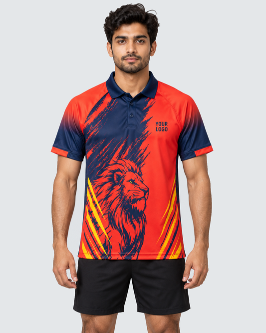 Front view: red, navy and yellow lion brushstroke sports jersey; black shorts; solid #E4E7E9 background
