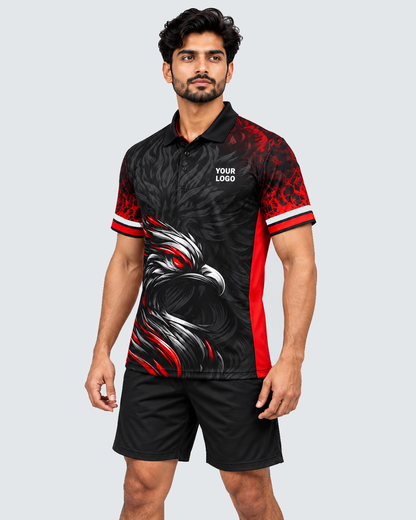 Three-quarter model view of black and red eagle feather sports jersey with YOUR LOGO, black shorts and solid #E4E7E9 background