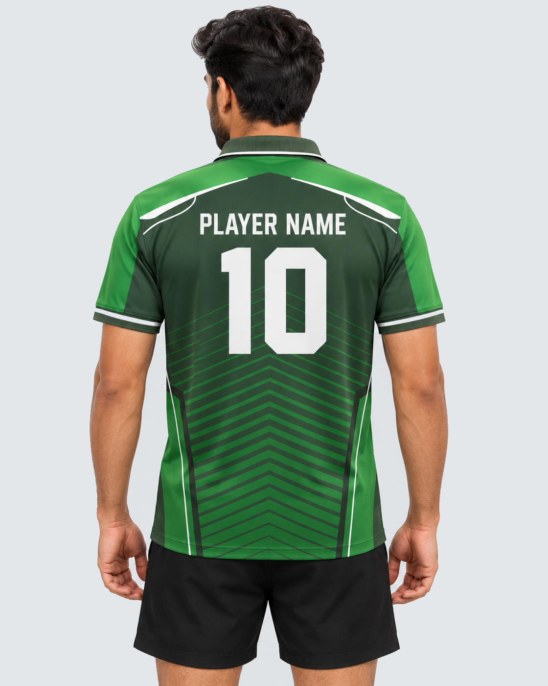 Back model view of evergreen chevron polo sports jersey with PLAYER NAME 10 and plain black shorts, solid #E4E7E9