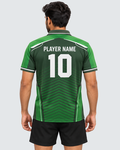 Back model view of evergreen chevron polo sports jersey with PLAYER NAME 10 and plain black shorts, solid #E4E7E9