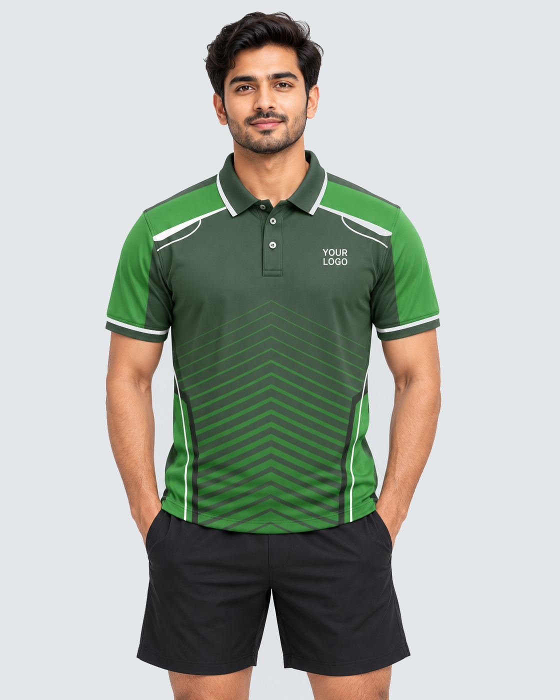 Front model view of evergreen chevron polo sports jersey with YOUR LOGO and plain black shorts, solid #E4E7E9