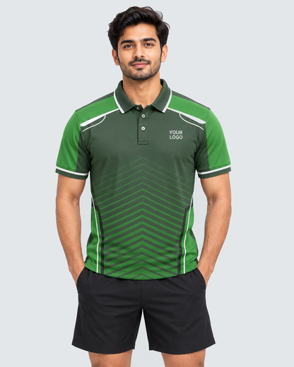 Front model view of evergreen chevron polo sports jersey with YOUR LOGO and plain black shorts, solid #E4E7E9