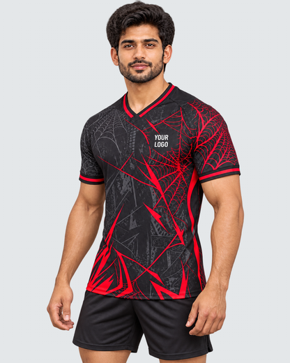 Angled model view of charcoal red web-pattern V-neck sports jersey with YOUR LOGO and plain black sports shorts on exact #E4E7E9 background