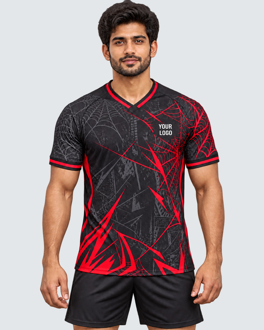 Front model view of charcoal red web-pattern V-neck sports jersey with YOUR LOGO and plain black sports shorts on exact #E4E7E9 background