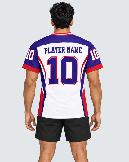 Back 4:5 view of white, purple and red custom football jersey with PLAYER NAME and number 10, worn with plain black shorts on a light grey background