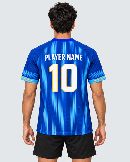 Back view with a plain bright royal-blue neckline on royal-blue vertical pinstripe custom jersey, PLAYER NAME 10; plain black shorts, flat light-grey background