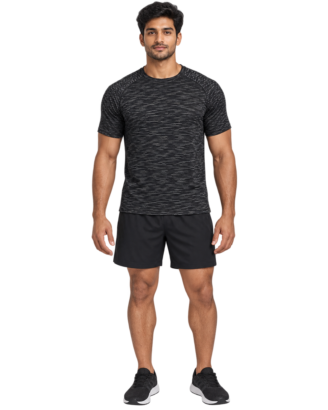 Model wearing an unbranded black heather microstripe athletic training tee with black sports shorts