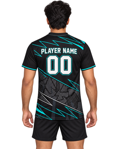 Indian male model wearing the black and teal angular V-neck sports jersey with PLAYER NAME and 00, back view