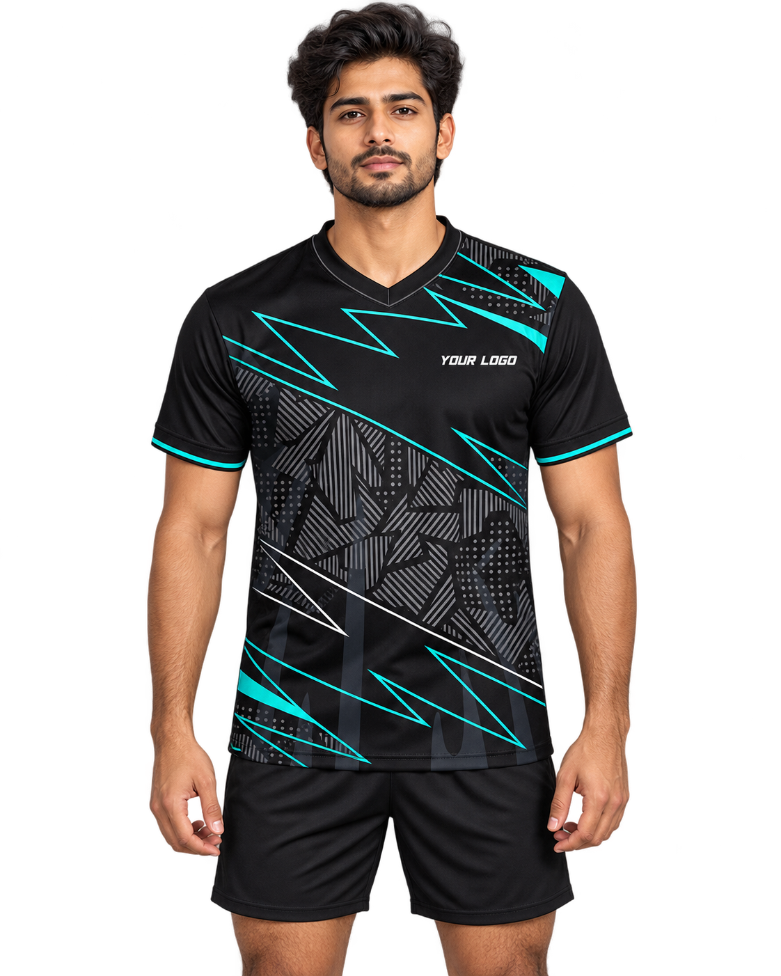 Indian male model wearing the black and teal angular V-neck sports jersey, front view