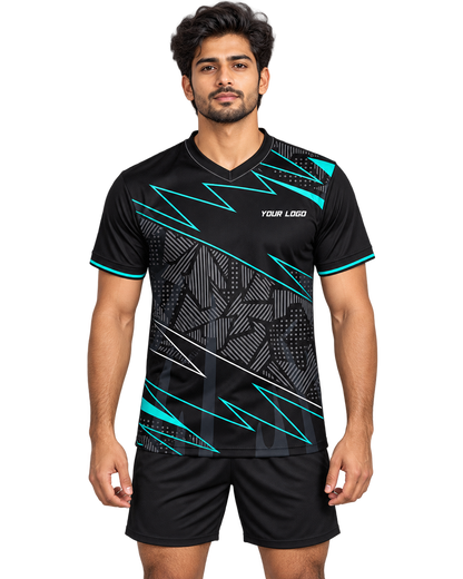 Indian male model wearing the black and teal angular V-neck sports jersey, front view