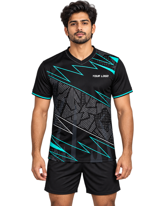 Indian male model wearing the black and teal angular V-neck sports jersey, front view