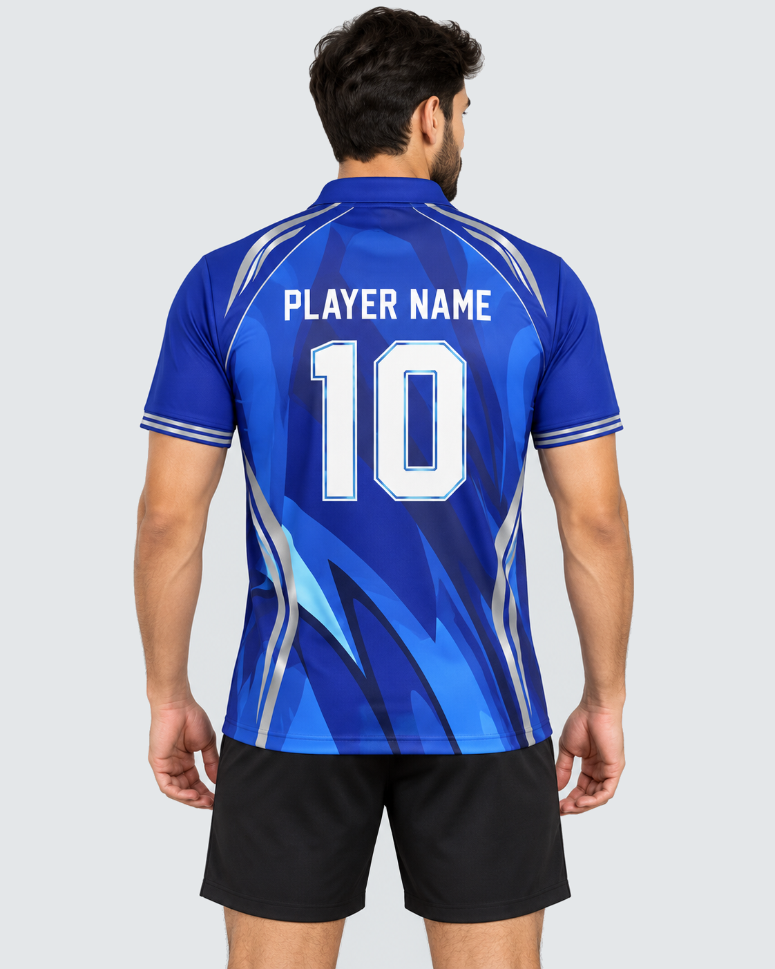 Back 4:5 view of original royal-blue and ice-cyan collared sports jersey with PLAYER NAME 10, model in plain black shorts on flat light-grey background