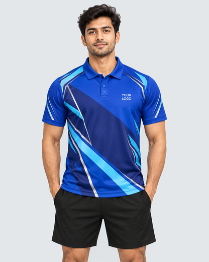 Front 4:5 view of original royal-blue and ice-cyan collared sports jersey with YOUR LOGO, model in plain black shorts on flat light-grey background