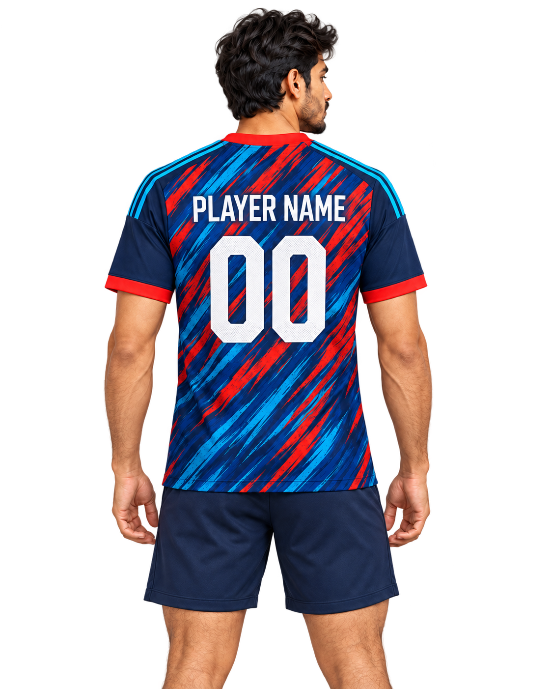 Single-model back view of Blue Tempest jersey on transparent background, plain sports shorts