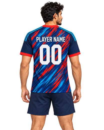 Single-model back view of Blue Tempest jersey on transparent background, plain sports shorts