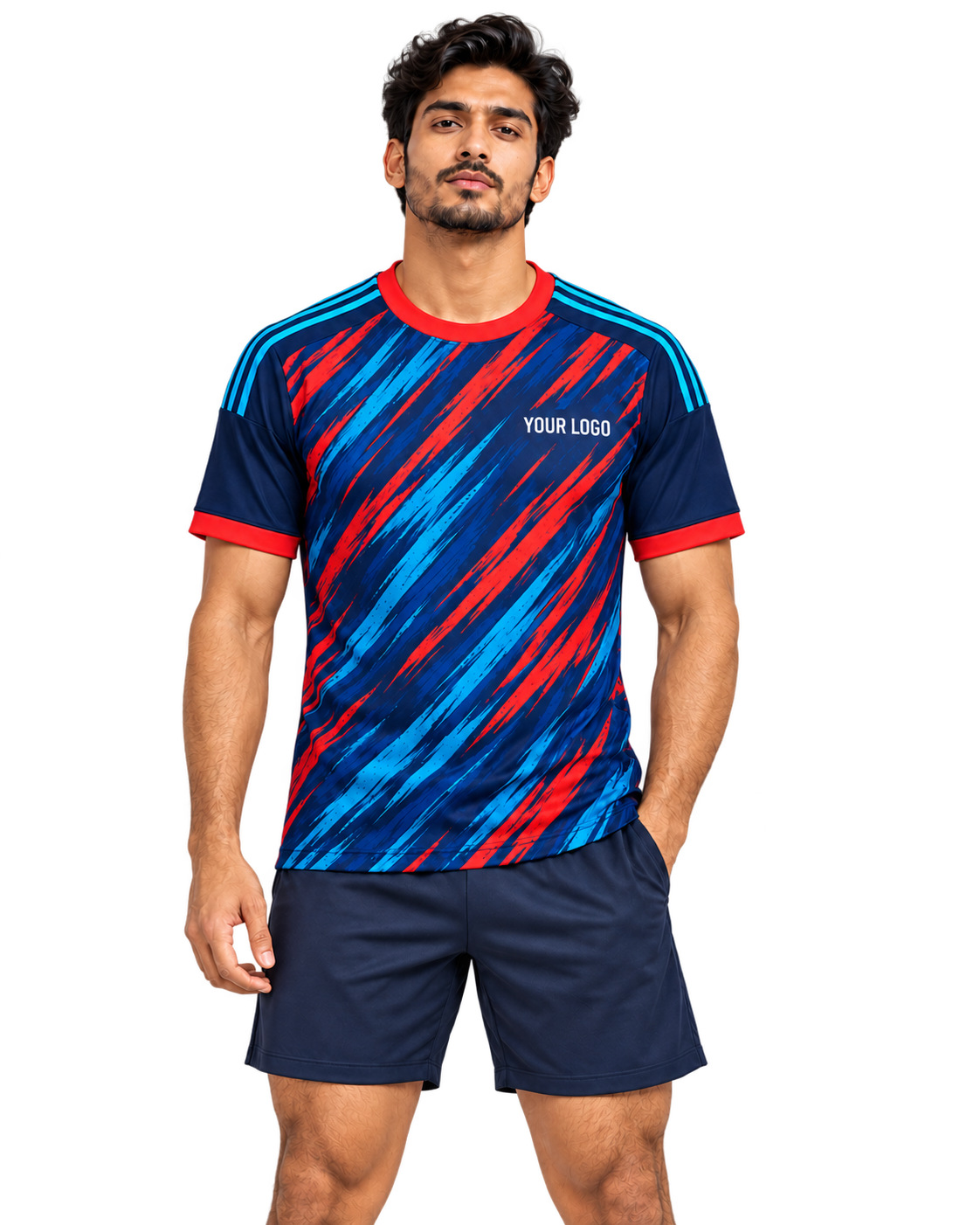 Single-model front view of Blue Tempest jersey on transparent background, plain sports shorts