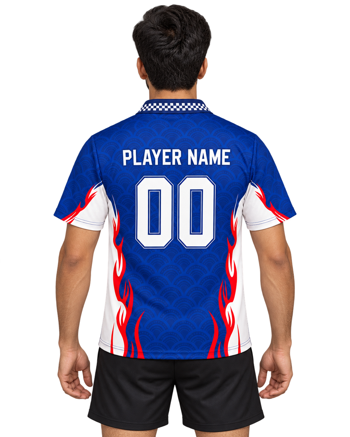 Indian male model in blue wave-pattern V-neck sports jersey with PLAYER NAME and 00, back view