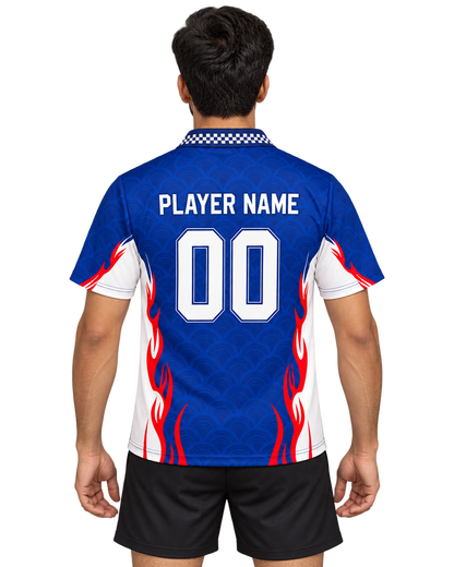 Indian male model in blue wave-pattern V-neck sports jersey with PLAYER NAME and 00, back view