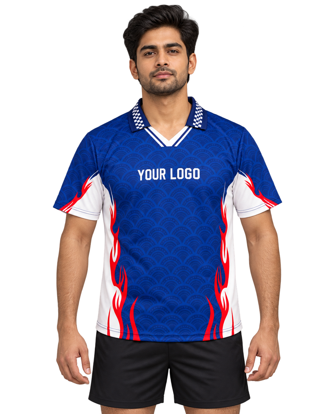 Indian male model in blue wave-pattern V-neck sports jersey, front view