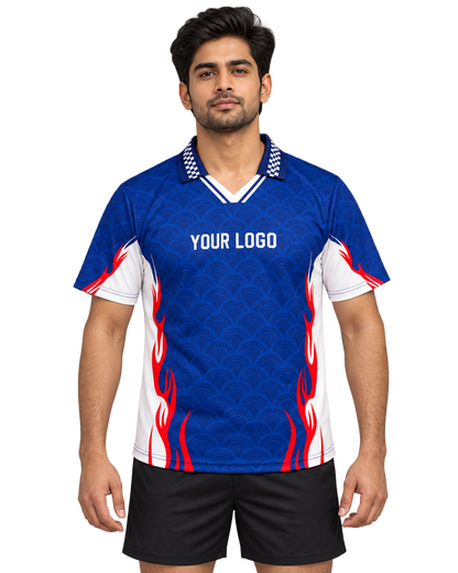 Indian male model in blue wave-pattern V-neck sports jersey, front view