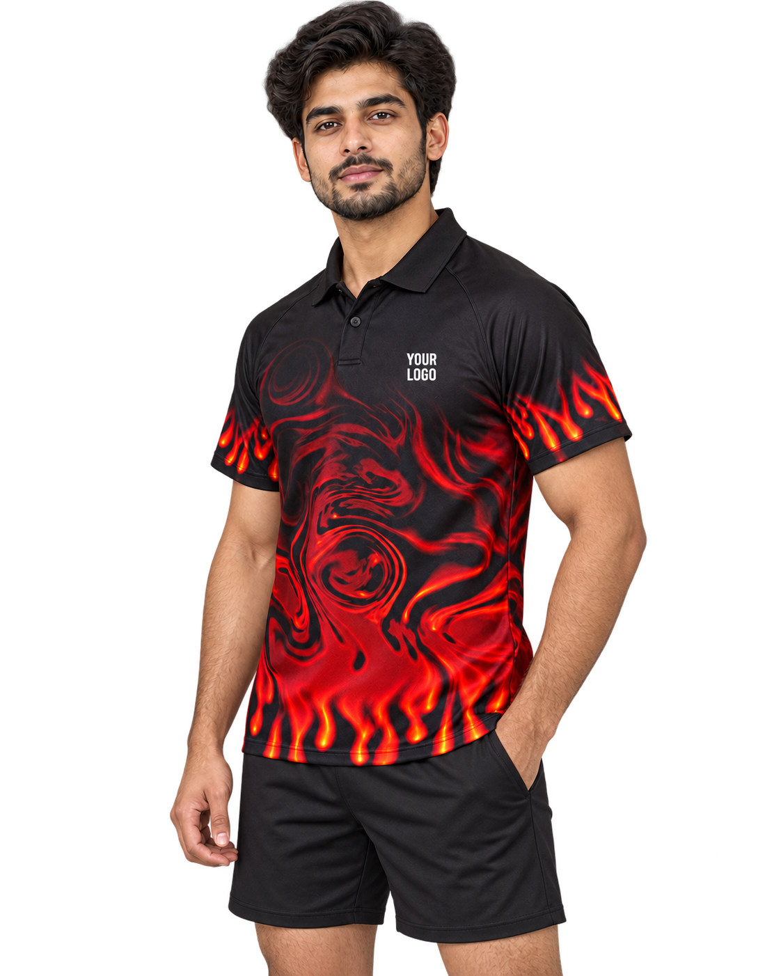 Crimson Ember flame polo front angle with plain black placket
