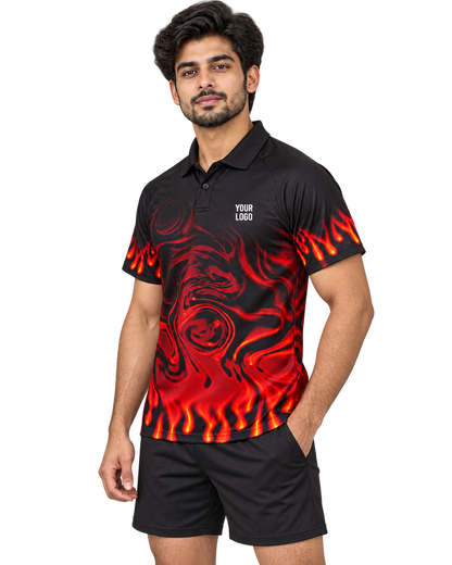 Crimson Ember flame polo front angle with plain black placket