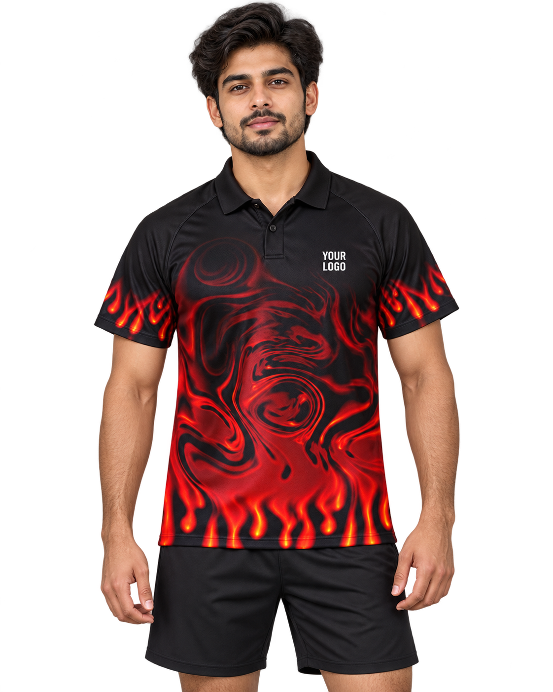 Crimson Ember flame polo front with plain black button placket