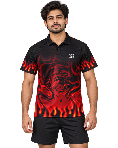 Crimson Ember flame polo front with plain black button placket