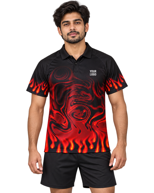 Crimson Ember flame polo front with plain black button placket