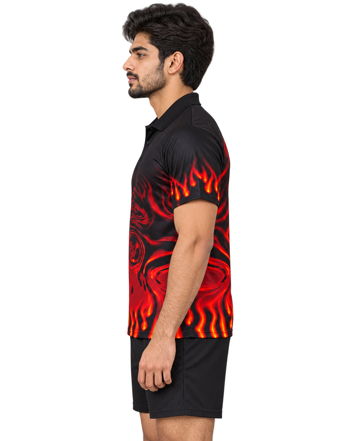 Crimson Ember flame polo left-facing profile